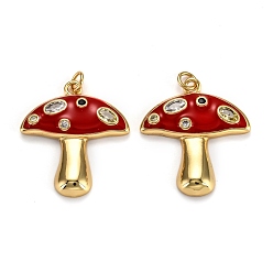 Red Autumn Theme Real 18K Gold Plated Brass Micro Pave Cubic Zirconia Pendants, with Enamel and Jump Rings, Long-Lasting Plated, Mushroom, Red, 28x25x3.5mm, Jump Ring: 5x1mm, 3mm Inner Diameter