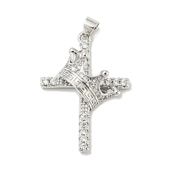 Platinum Rack Plating Brass Micro Pave Cubic Zirconia Pendants, Long-Lasting Plated, Lead Free & Cadmium Free, Cross with Crown Charms, Religion, Platinum, 33.5x23.5x8mm, Hole: 5x3mm