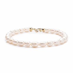 White Grade A Natural Pearl Beaded Bracelets with Brass Spring Ring Clasps for Women, White, 7-7/8 inch(20cm)