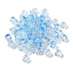 Light Sky Blue Two Tone Transparent Glass Beads, Cube, Light Sky Blue, 6x6x7mm, Hole: 1.4mm, about 500pcs/bag