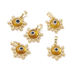 Goldenrod Handmade Evil Eye Lampwork Pendants, with Rack Plating Real 18K Gold Plated Brass Findings, Long-Lasting Plated, Snowflake Charm, Goldenrod, 15x14x4mm, Hole: 4x6.5mm