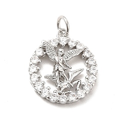 Real Platinum Plated Rack Plating Brass Micro Pave Cubic Zirconia Pendants, Flat Round with Fairy Charm, Long-Lasting Plated, with Jump Rings, Cadmium Free & Lead Free, Real Platinum Plated, 18.5x16x3.5mm, Hole: 3mm