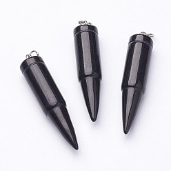 Black Glass Pointed Pendants, with 201 Stainless Steel Split Rings, Bullet, Stainless Steel Color, Black, 42~46x10mm, Hole: 5mm
