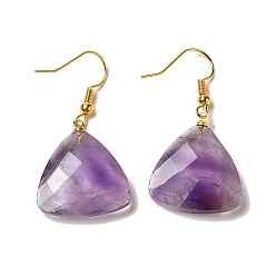 Аметист Серьги-подвески с треугольными огранками из натурального аметиста, золотые латунные серьги, 40x20.5 мм