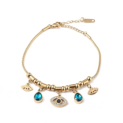 Golden Rhineston Teardrop & Eye Charm Bracelet, Ion Plating(IP) 304 Stainless Steel Jewelry for Women, Golden, 7-1/4 inch(18.5cm)