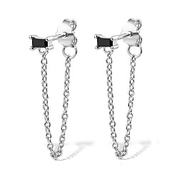 Black Rhodium Plated Platinum 925 Sterling Silver Chains Front Back Stud Earrings, with Rectangle Cubic Zirconia, Black, 48x4mm