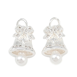 Посеребрённый Латунные микро проложить кубического циркония подвески, колокольчик с бантом, с искусственным жемчугом и соединительным кольцом, 925 серебро покрытием, 18x11x7 мм, отверстие : 4 мм