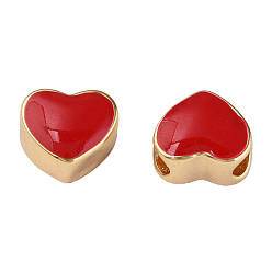 Real 18K Gold Plated Brass Beads, with Enamel, Nickel Free, Heart, Real 18K Gold Plated, 9.5x11x7.5mm, Hole: 3mm