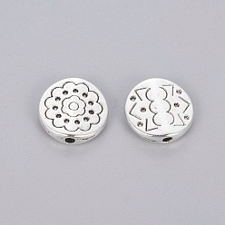 Antique Silver Tibetan Style Alloy Beads, Flat Round with Flower, Lead Free & Cadmium Free, Antique Silver, 11x3mm, Hole: 1.5mm