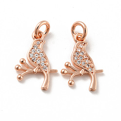 Rose Gold Bird Brass Micro Pave Clear Cubic Zirconia Pendants, with Jump Rings, Cadmium Free & Lead Free, Rose Gold, 15x10.5x1.6mm, Hole: 2.8mm