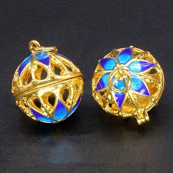 Golden Brass Enamel Hollow Bead Cage Pendants, Round with Flower Charm, for Chime Ball Pendant Necklaces Making, Golden, 18mm