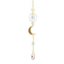 Moon Glass Pendant Decorations, Hanging Suncatchers, with Brass Findings, for Home Decoration, Moon Pattern, 430mm