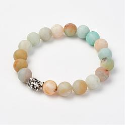 Amazonite Frosted Natural Amazonite Beads Stretch Bracelets, with Alloy Buddha Head Beads, Round, Burlap Packing, 2-1/8 inch(53mm)