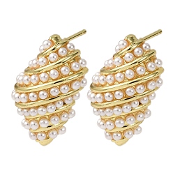 Настоящее золото 18K Серьги-гвоздики из латуни в форме ракушки, с абс пластмассовой имитационной жемчужиной, долговечный, стойки покрытие, без свинца и без кадмия, реальный 18 k позолоченный, 25x15.5 мм