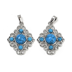 Синтетическая Бирюза Синтетические бирюзовые подвески, ромбовидные подвески с латунной фурнитурой, стойки покрытие, платина, 35.5x27x7.5 мм, отверстие : 8.5x4.5 мм