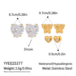 Прозрачный 3 пары 304 комплекты сережек из нержавеющей стали, сердце и лук, с кубического циркония, золотые, прозрачные, 5~7 мм