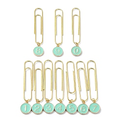 Aquamarine Flat Round with Number 0~9 Alloy Enamel Pendant Bookmarks, Iron Long Paper Clips, Aquamarine, 63.5mm, 10pcs/set