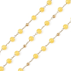 Yellow Dyed Natural Jade Round Beaded Chain, with Golden 304 Stainless Steel Satellite Chains, Unwelded, with Spool, Yellow, 2.5x1x0.3mm, 5x4mm, 3mm, about 32.81 Feet(10m)/Roll