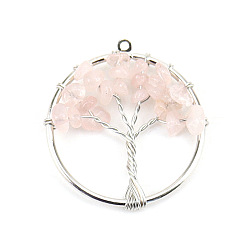 Rose Quartz Natural Rose Quartz Tree fo Life Pendants, Iron Ring Chip Gems Tree Charms, Platinum, 30mm