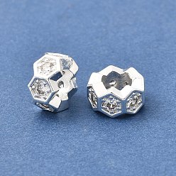 Серебро Шестиугольные латунные микропаве прозрачные кубические цирконии европейские бусины, рондель, колесо, бусины с большими отверстиями, стойки покрытие, долговечный, без свинца и без кадмия, серебряные, 10x5.5 мм, отверстие : 5.3 мм