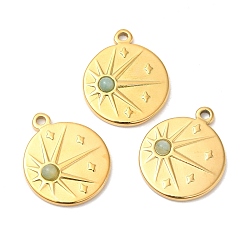 Зеленый Авантюрин Ионное покрытие (ip) 316 плоские круглые подвески из нержавеющей стали, Солнечные обереги из натурального зеленого авантюрина, реальный 24 k позолоченный, 21.5x18x4 мм, отверстие : 1.6 мм