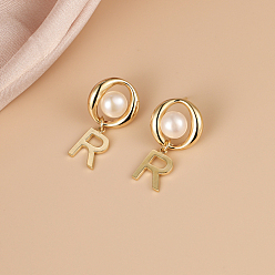 Real 18K Gold Plated Imitation Pearl Stud Earrings, Brass Initial Letter.R Drop Earrings, Real 18K Gold Plated, 25x13mm