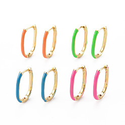 Mixed Color Brass Enamel Huggie Hoop Earrings, Cadmium Free & Nickel Free & Lead Free, Oval, Real 16K Gold Plated, Mixed Color, 19x12.5x2mm, Pin: 1x1mm