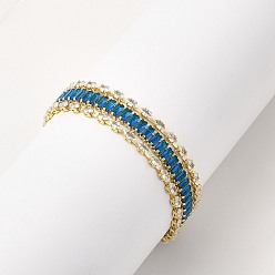 Dodger Blue Cubic Zirconia Rectangle Link Chains Triple Layer Multi-strand Bracelet, Real 18K Gold Plated Brass Jewelry for Women, Cadmium Free & Lead Free, Dodger Blue, 7-1/4 inch(18.5cm)