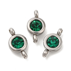Med.Emerald 304 Stainless Steel Single Rhinestone Connector Charms, Flat Round Links, Stainless Steel Color, Med.Emerald, 12x6.5x4mm, Hole: 2mm