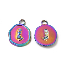 Rainbow Color Ion Plating(IP) 304 Stainless Steel Pendants, Flat Round with Mermaid Charm, Rainbow Color, 16x13x2mm, Hole: 2mm