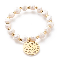 Golden 304 Stainless Steel Stretch Charm Bracelets, with Shell Pearl Nuggets Beads, Flat Round with Tree of Life, Seashell Color, Golden, Inner Diameter: 2 inch(5cm)
