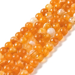 Orange Natural Striped Agate/Banded Agate Beads Strands, Dyed & Heated, Faceted Round, Orange, 12mm, Hole: 1.2mm, about 32pcs/strand, 15''(38.1cm)