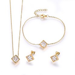 Golden 304 Stainless Steel Jewelry Sets, Pendant Necklaces & Stud Earrings & Bracelets, with Cubic Zirconia, Rhombus, Golden, 16.93 inch(43cm), 7-1/8 inch(18cm), 12x12x4mm, Pin: 0.8mm
