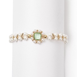 Vert Clair Bracelet en perles de verre et coquillage, bracelet de perles tressées délicates pour les femmes, vert clair, 7-1/2 pouce (19 cm)
