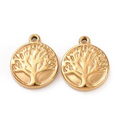 Golden 304 Stainless Steel Charms, Flat Round with Tree of Life, Golden, 15.5x13x3mm, Hole: 1mm