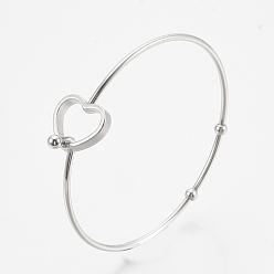Stainless Steel Color 304 Stainless Steel Bangles, with 201 Stainless Steel Beads, Heart, Stainless Steel Color, 2-3/8 inch(6.2cm)x2-3/8 inch(6cm), 2mm