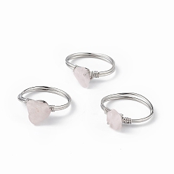Rose Quartz Natural Rose Quartz Chips Finger Ring, Platinum Brass Wire Wrap Jewelry for Women, Inner Diameter: 18mm