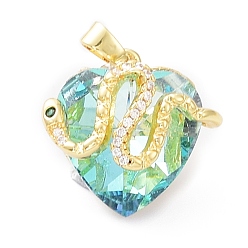 Pale Turquoise Real 18K Gold Plated Rack Plating Brass Micro Pave Cubic Zirconia Pendants, with Glass, Long-Lasting Plated, Cadmium Free & Lead Free, Snake with Heart, Pale Turquoise, 21x22.5~23x12.5~13.5mm, Hole: 3.5x5mm