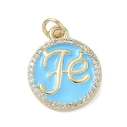 Темно-Голубой Латунные микро проложить кубического циркония подвески, плоский круглый со словом fe, с эмалью, стойки покрытие, долговечный, без свинца и без кадмия, реальный 18 k позолоченный, с целью перехода в кольце, глубокое синее небо, 19x16x2.5 мм, отверстие : 3.2 мм