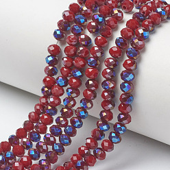 FireBrick Electroplate Opaque Solid Color Glass Beads Strands, Half Plated, Blue Plated, Faceted, Rondelle, FireBrick, 4x3mm, Hole: 0.4mm, about 123~127pcs/strand, 16.5~16.9 inch(42~43cm)