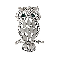 Platinum Alloy Rhinestone Brooches, with Cat Eye, Moon with Owl Brooches for Women, Platinum, 57x32mm
