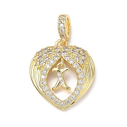 Letter X Латунные микропаве прозрачные подвески с фианитом, крыло с буквенными подвесками, без свинца и без кадмия, долговечный, стойки покрытие, реальный 18 k позолоченный, Письмо X, 20.5x18x3.5 мм, отверстие : 4.5x3.5 мм