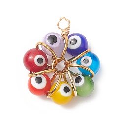 Light Gold 7 Chakra Handmade Evil Eye Lampwork Pendants, Copper Wire Wrapped Charms, Light Gold, 29.5x25x10mm, Hole: 2.8mm