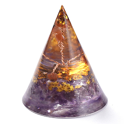 Amethyst Orgonite Pyramid, Resin Pointed Home Display Decorations, with Natural Amethy, Garnet, Gold Foil and Copper Wires Inside, 50x59mm