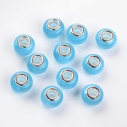 Light Sky Blue Large Hole Rondelle Resin European Beads, with Silver Color Plated Brass Cores, Imitation Cat Eye, Light Sky Blue, 13.5~14x9mm, Hole: 5mm