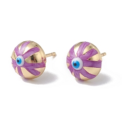Blue Violet Enamel Half Round with Evil Eye Stud Earrings, Real 18K Gold Plated Brass Jewelry for Women, Blue Violet, 6x10x6mm, Pin: 1mm