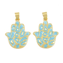 Sky Blue Brass Pendants, with Enamel, Hamsa Hand Charms, Cadmium Free & Lead Free, Rack Plating, Long-Lasting Plated, Real 18K Gold Plated, Sky Blue, 28.5x23x2mm, Hole: 4x6mm