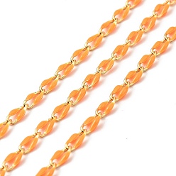Orange Brass Enamel Curb Chains, Soldered, with Spools, Real 18K Gold Plated, Orange, 7x3x1.7mm