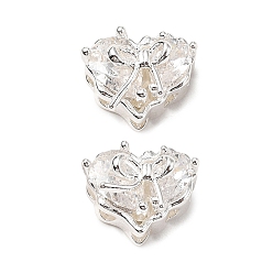 Прозрачный Латунные микро проложить кубического циркония бусы, сердце с бантом, 925 серебро покрытием, прозрачные, 9.5x12x8 мм, отверстие : 1 мм