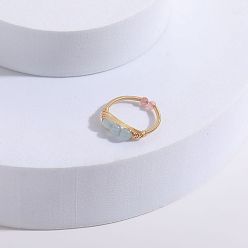 JZ0148 - Blue Jade String Bean Ring Red Agate and Feldspar Ring with 14K Gold Wire Weave - Minimalist Luxury Jewelry